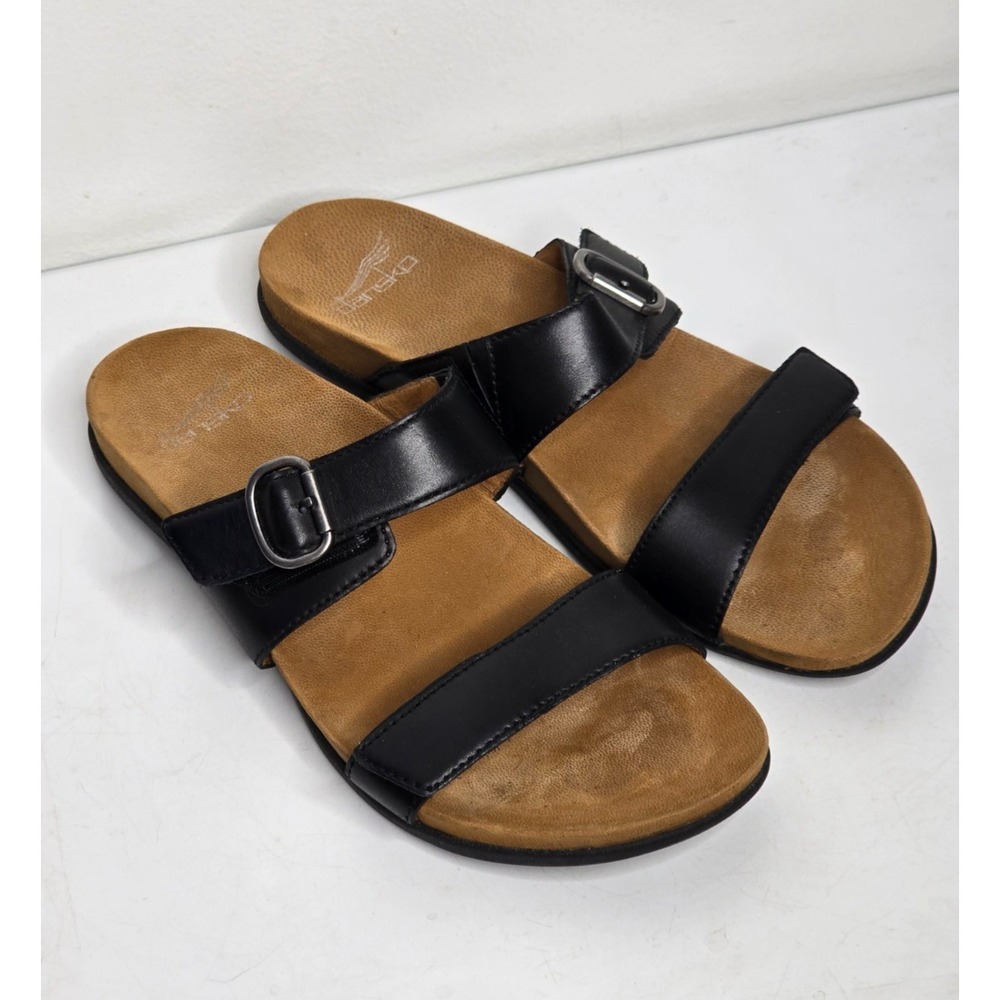 Dansko Womens Justine Sandals Sz 8.5-9 Black Slide Calf Leather Buckle EU 39